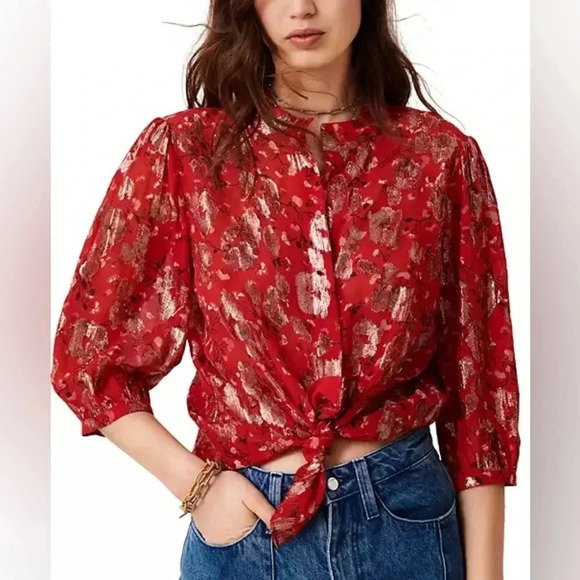 ba&sh Silk and Metallic Quarter Sleeve Button Up Blouse - Picture 1 of 13